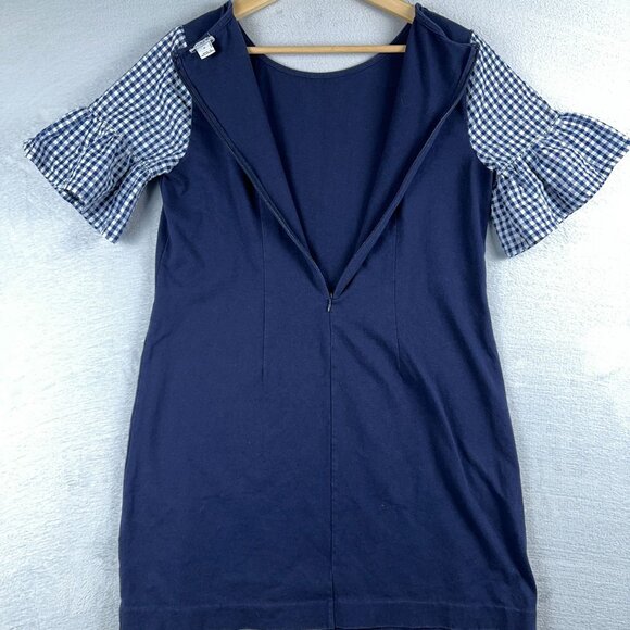 J. Crew Women's Shift Mini Dress Gingham Print Bell Sleeve Back Zip Navy Size M - Picture 4 of 14